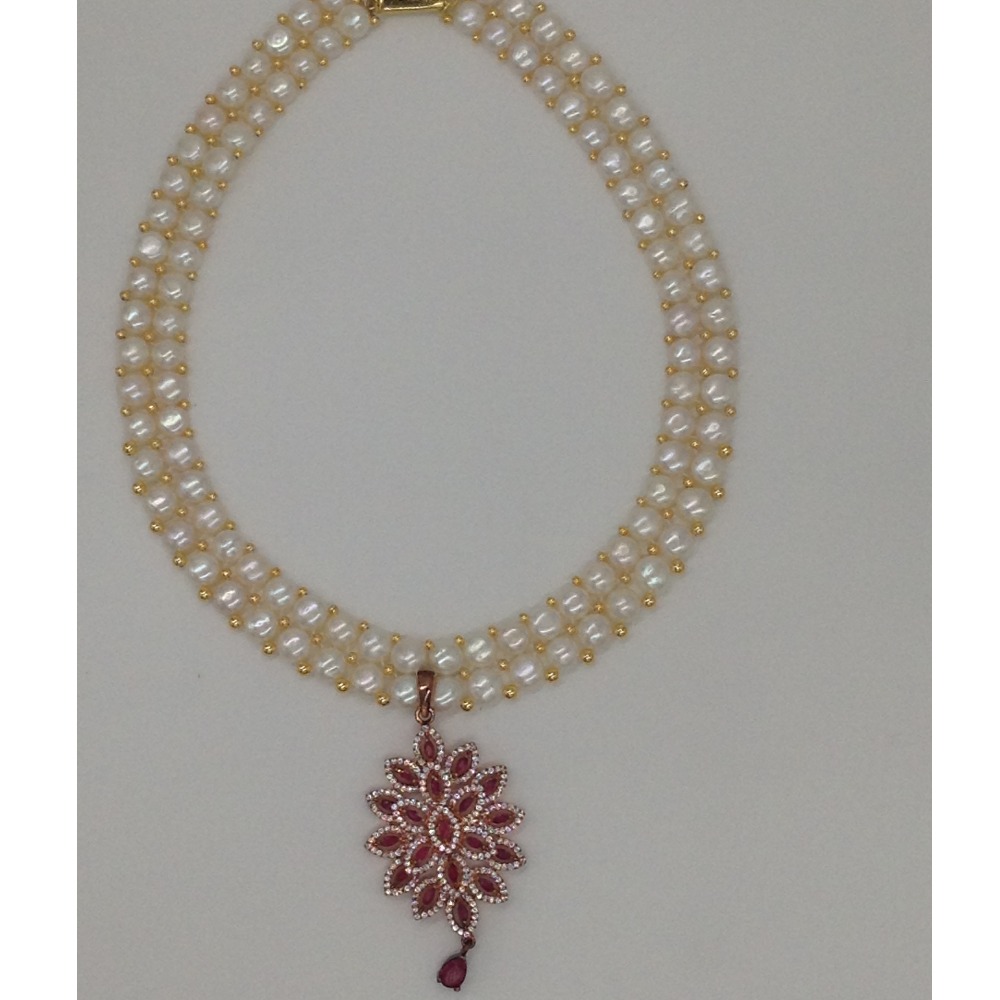 White;red cz pendent set with 2 line button pearls mala jps0263