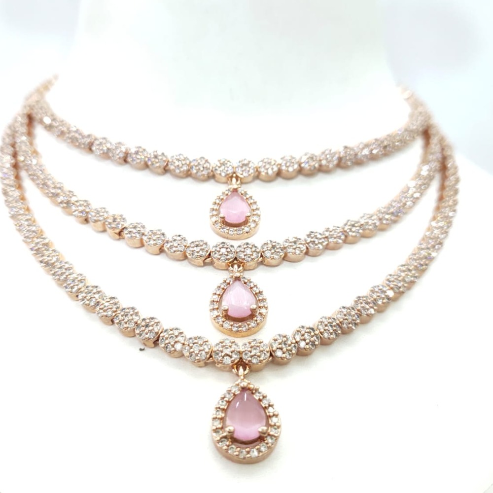 gold plated Pink stone & diamond 3 layer necklace set 1495