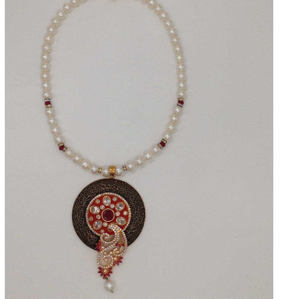 White, red cz pendent set with 1 line round pearls jps0299