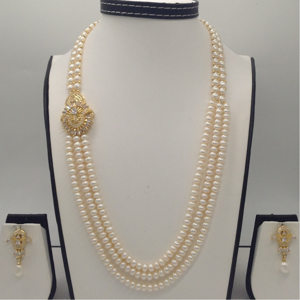 White CZ Broach Set With 2 Line Button Jali And 3 Line Flat Pearls Mala JPS0359
