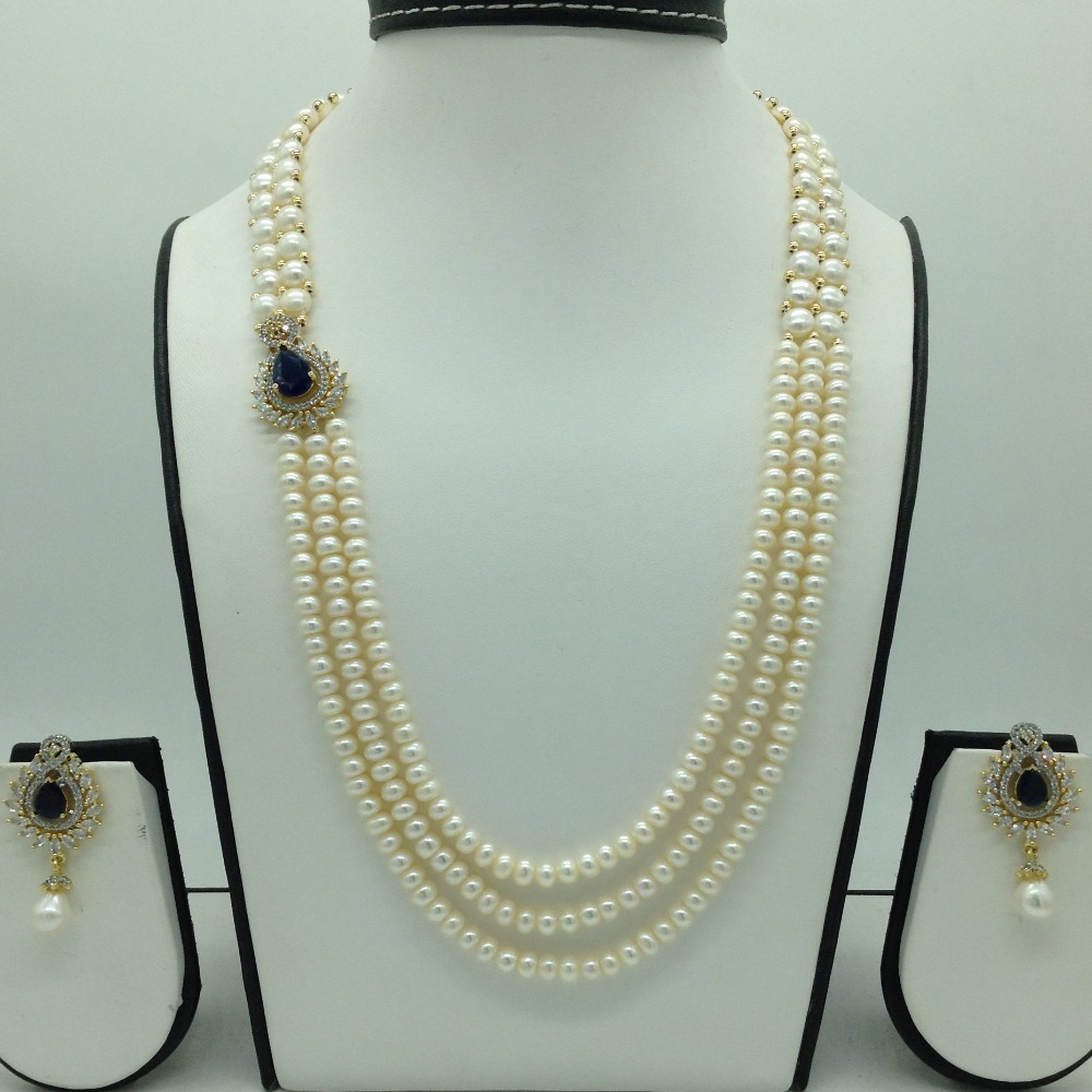 Blue And White CZ Broach Set With 3 Line Flat Pearls Mala JPS0660