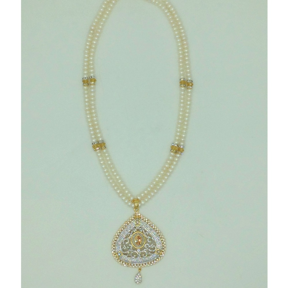 White;golden cz pendent set with 2 line flat pearls jps0703