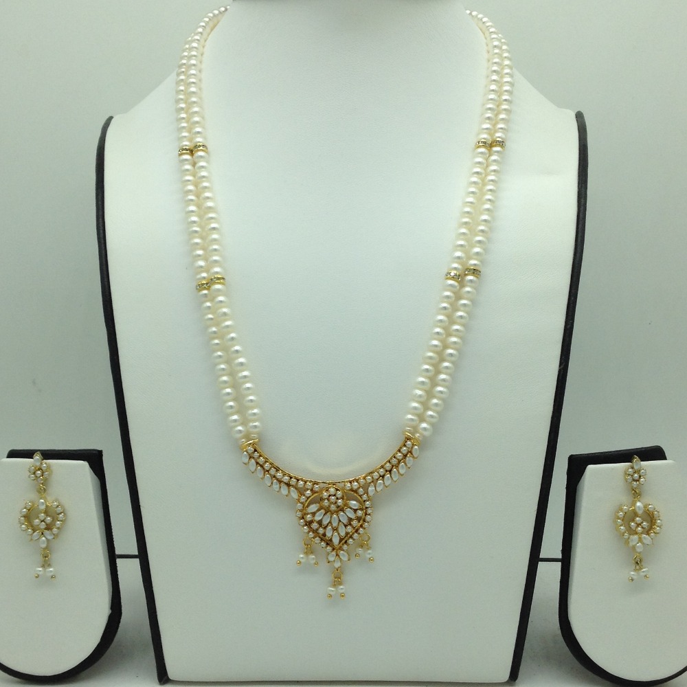 Pearls Pendent Set With 2 Line Flat Pearls Mala JPS0745