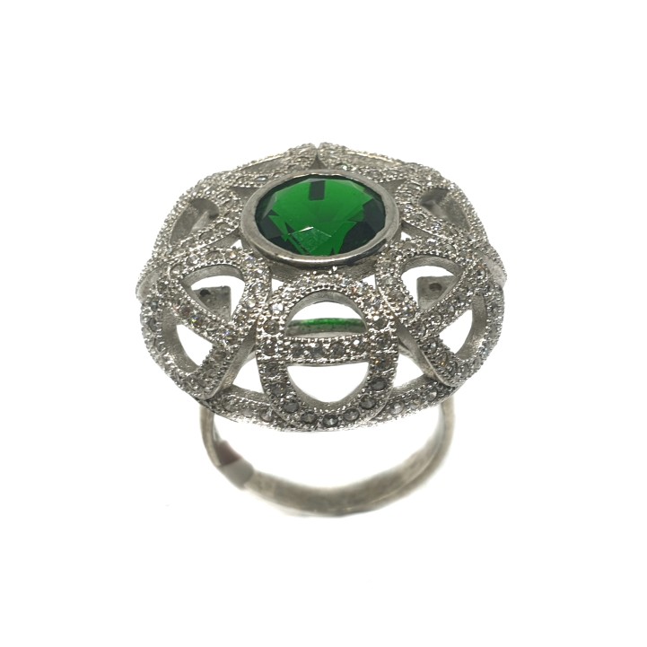 925 Sterling Silver Round Shaped Green Stone Ring MGA - LRS0269