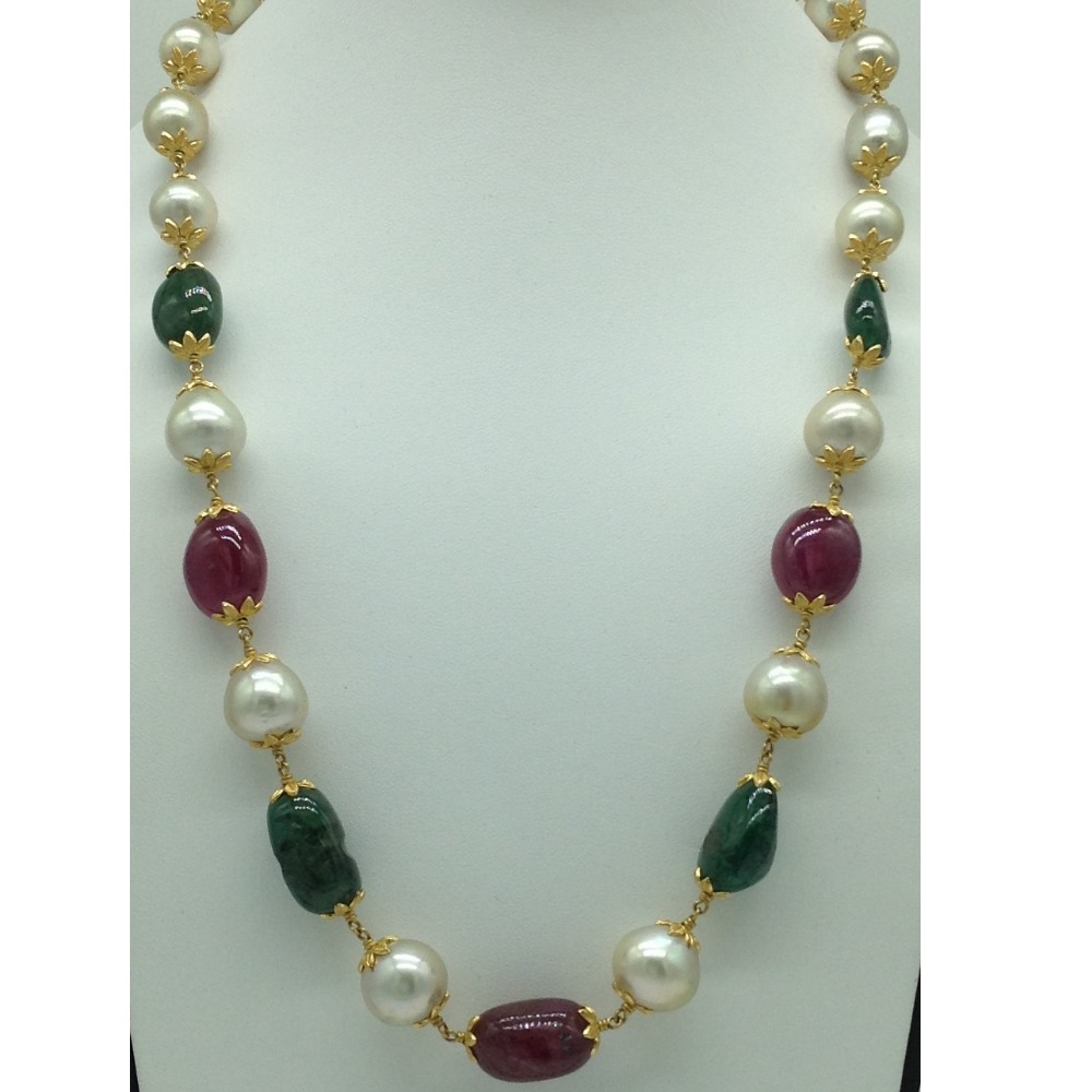 South Sea Pearls With Ruby Emerald Tumbles Gold Necklace JGT0014