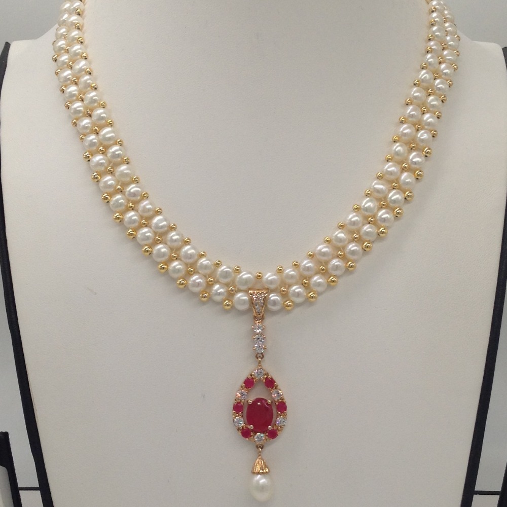 White;red cz pendent set with 2 line button pearls jps0176