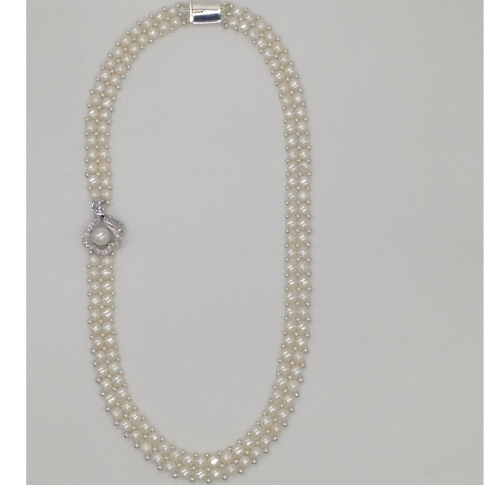 White CZ And Pearls Broach Set With 2 Line Button Jali Pearls Mala JPS0228