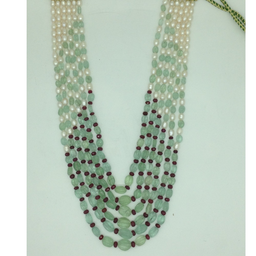 White Oval Pearls with Red,Green Beeds 6 Layers Mala JPM0518