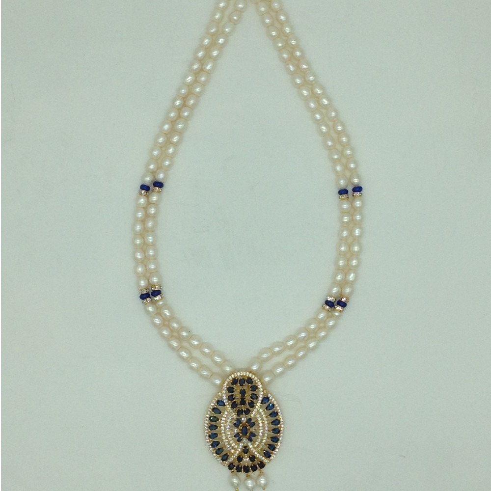 White Blue Cz Pendent Set With 2 Line White Pearls Mala JPS0859