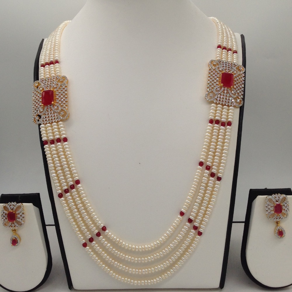White and red cz brooch set with 4 lines flat pearls mala jps0456