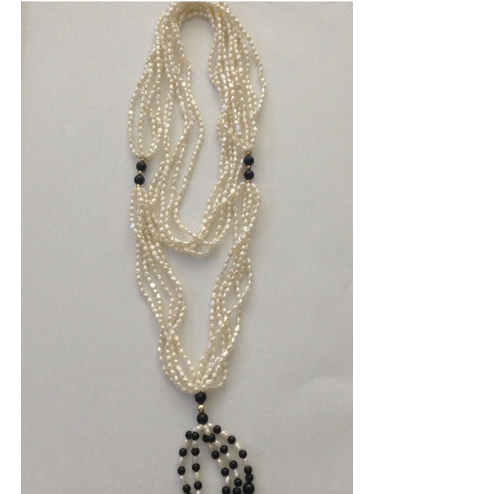 White Rice Pearls Long Necklace With Black Semi Beeds JPM0289