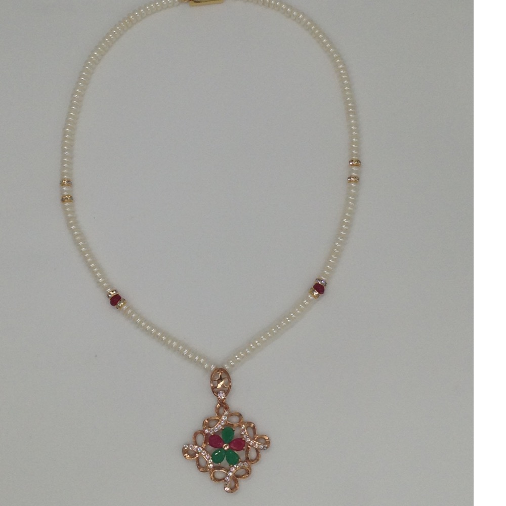 Tri colour cz pendent set with flat pearls mala jps0105