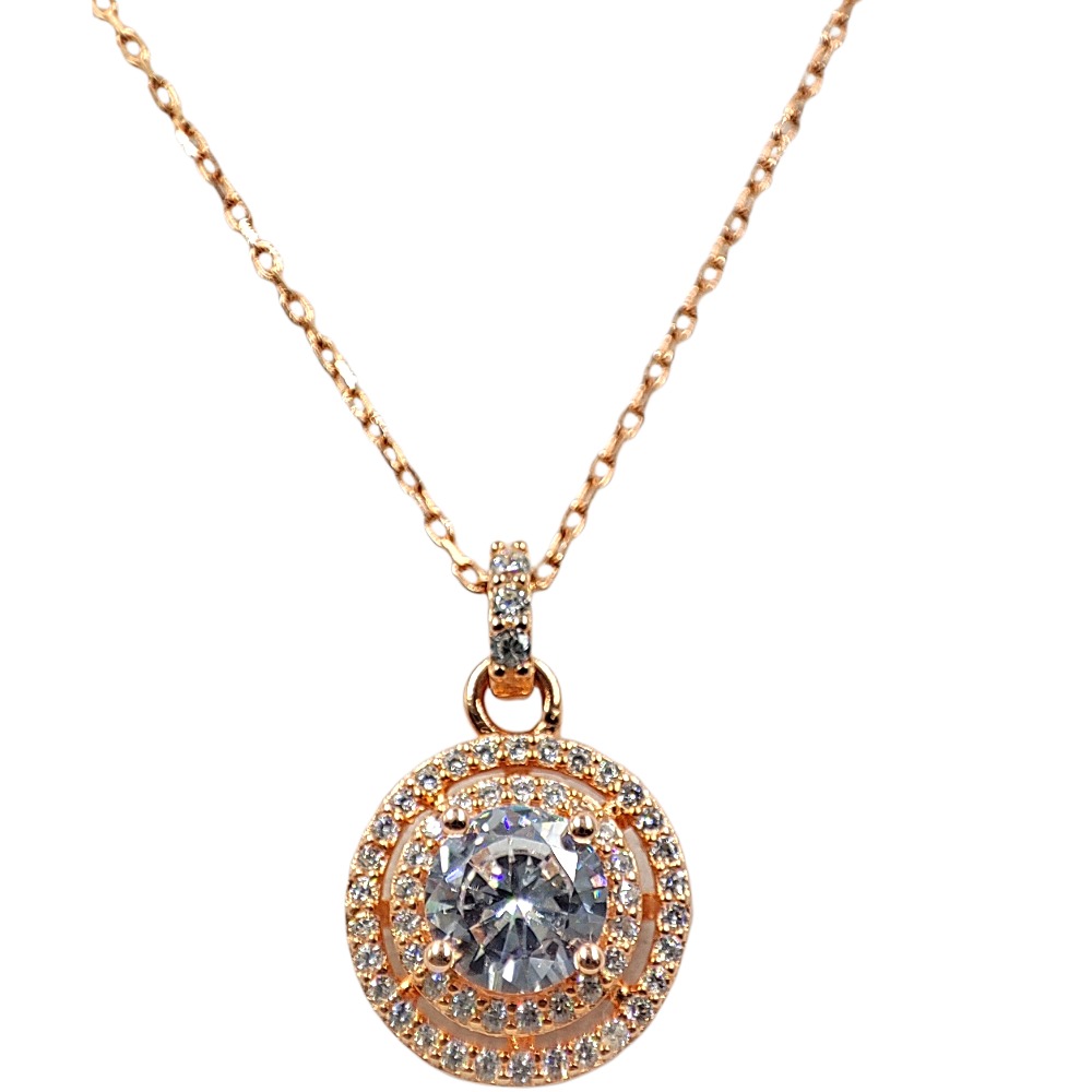 925 silver rose gold coated round halo pendant with link chain