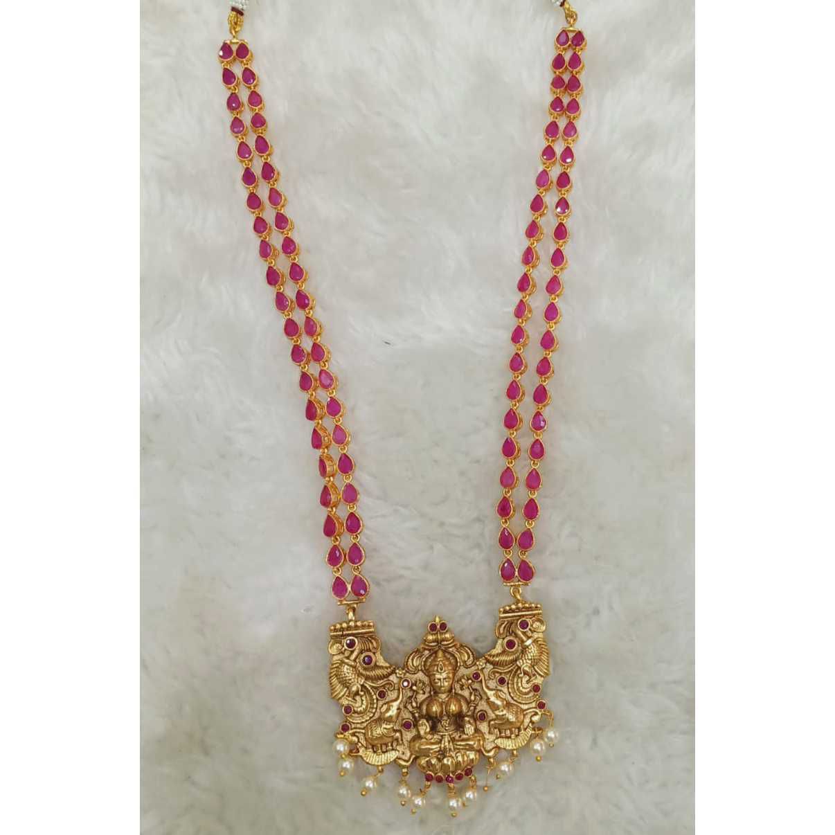 Pink And Golden Polished Temple Necklace Set#1063