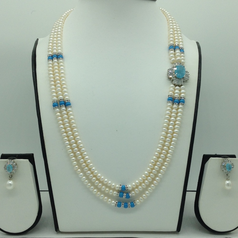White And Blue CZ Broach Set With 3 Lines Flat Pearls Mala JPS0560