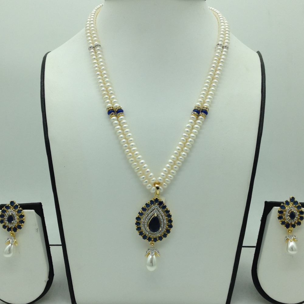 White;blue cz pendent set with 2 line flat pearls jps0643