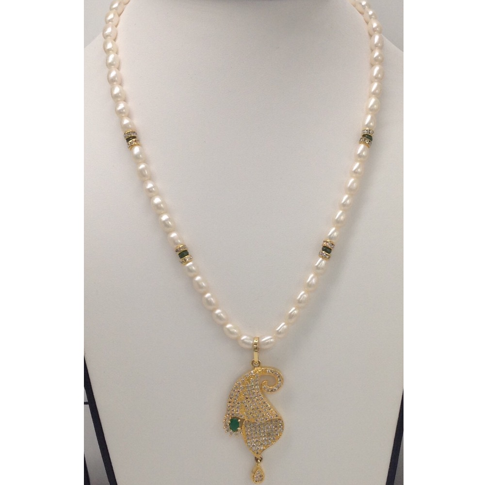 White;green cz pendent set with oval pearls mala jps0132