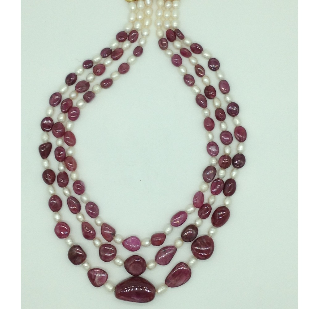 White Pearls with Red Ruby Oval 3 Layers Necklace JPM0490