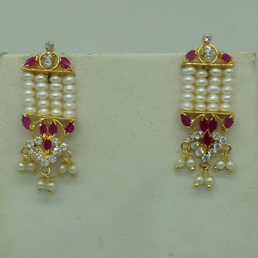 White,red cz step rani haar set with 6 lines flat pearls mala jps0663