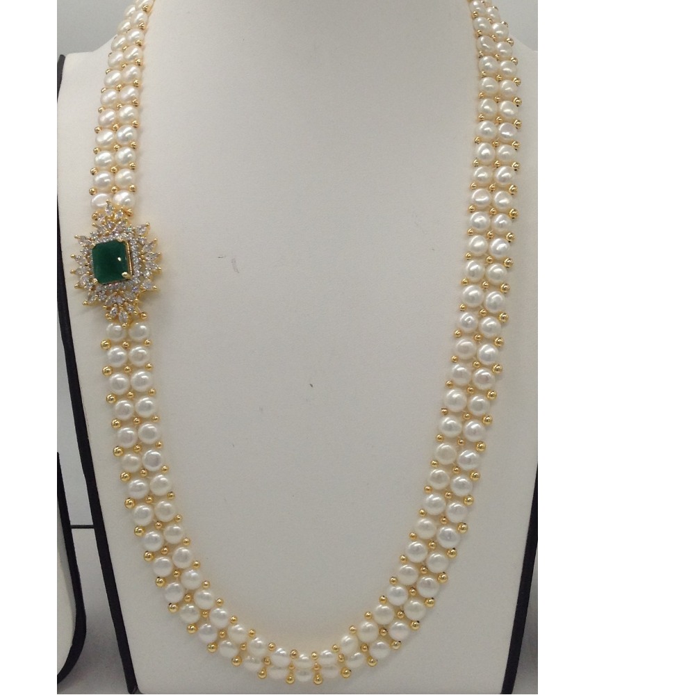 White And Green CZ Broach Set With 2 Line Button Jali Pearls Mala JPS0223