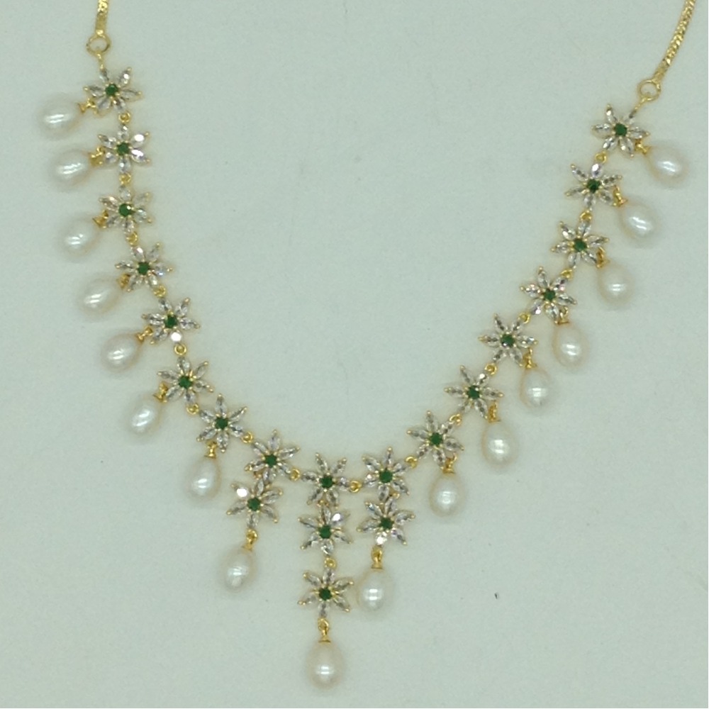 White, Green CZ Stones and Tear Drop Pearls Necklace Set JNC0147