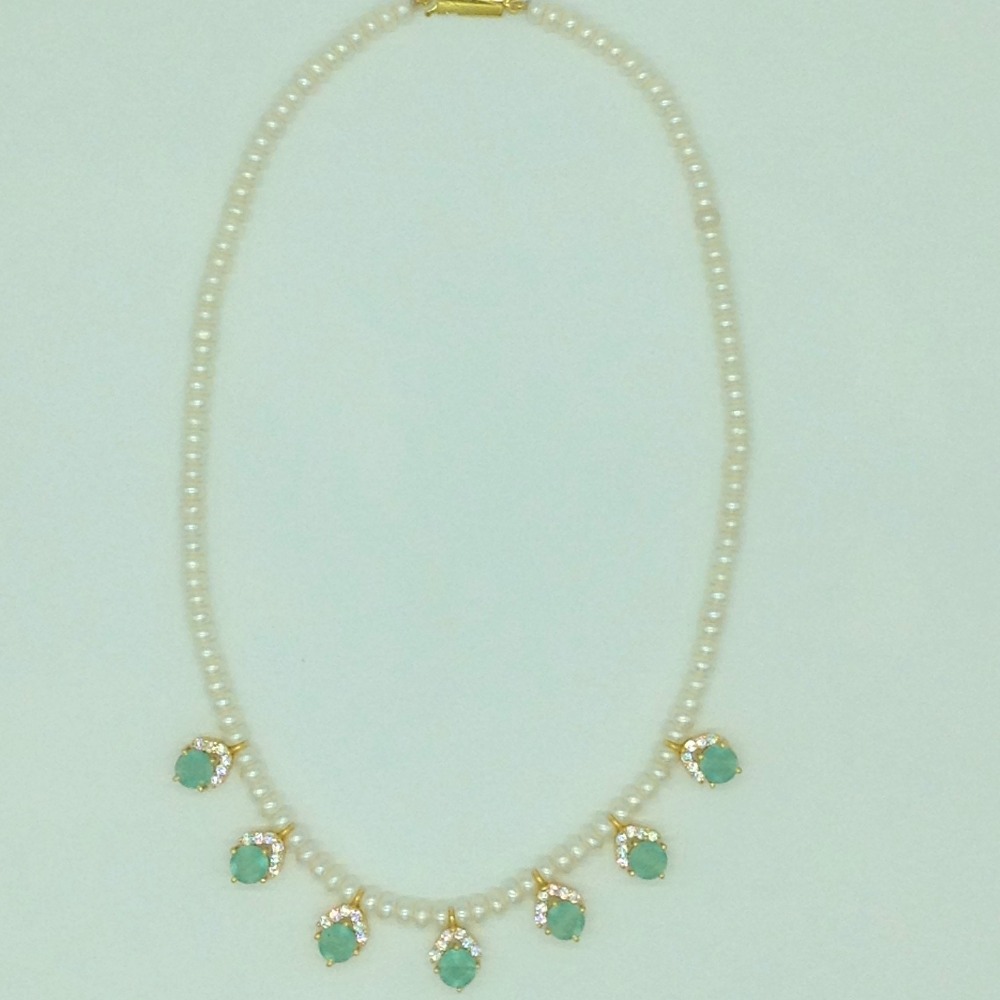 White, sea green cz 7 pcs set with 1 line flat pearls mala jps0735
