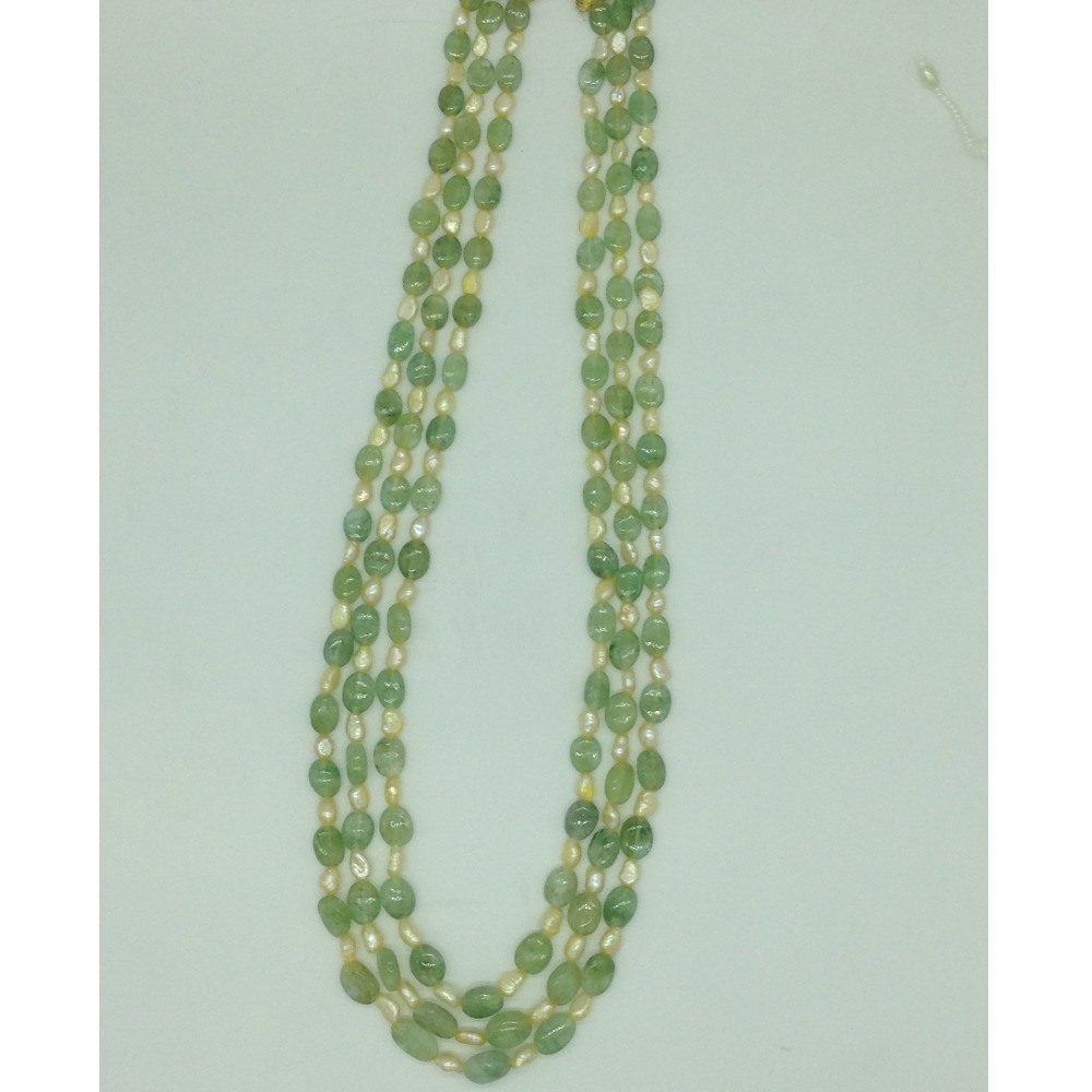 Yellow Kudkal Pearls with Pale Green Bariels 3 Layers Mala JPM0502