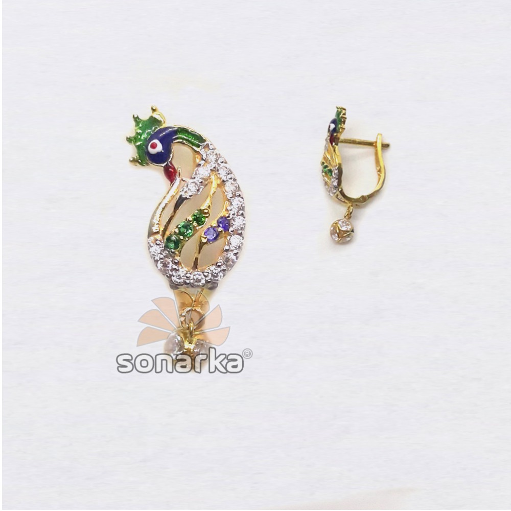 22kt gold mango shape peacock design cz diamond earrings