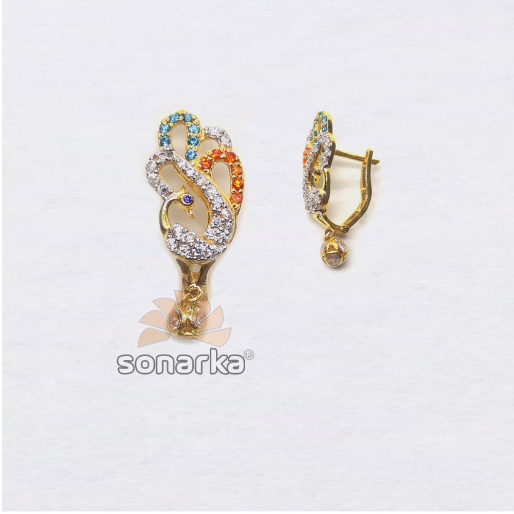 22kt gold peacock design colourful cz diamond hoop earrings