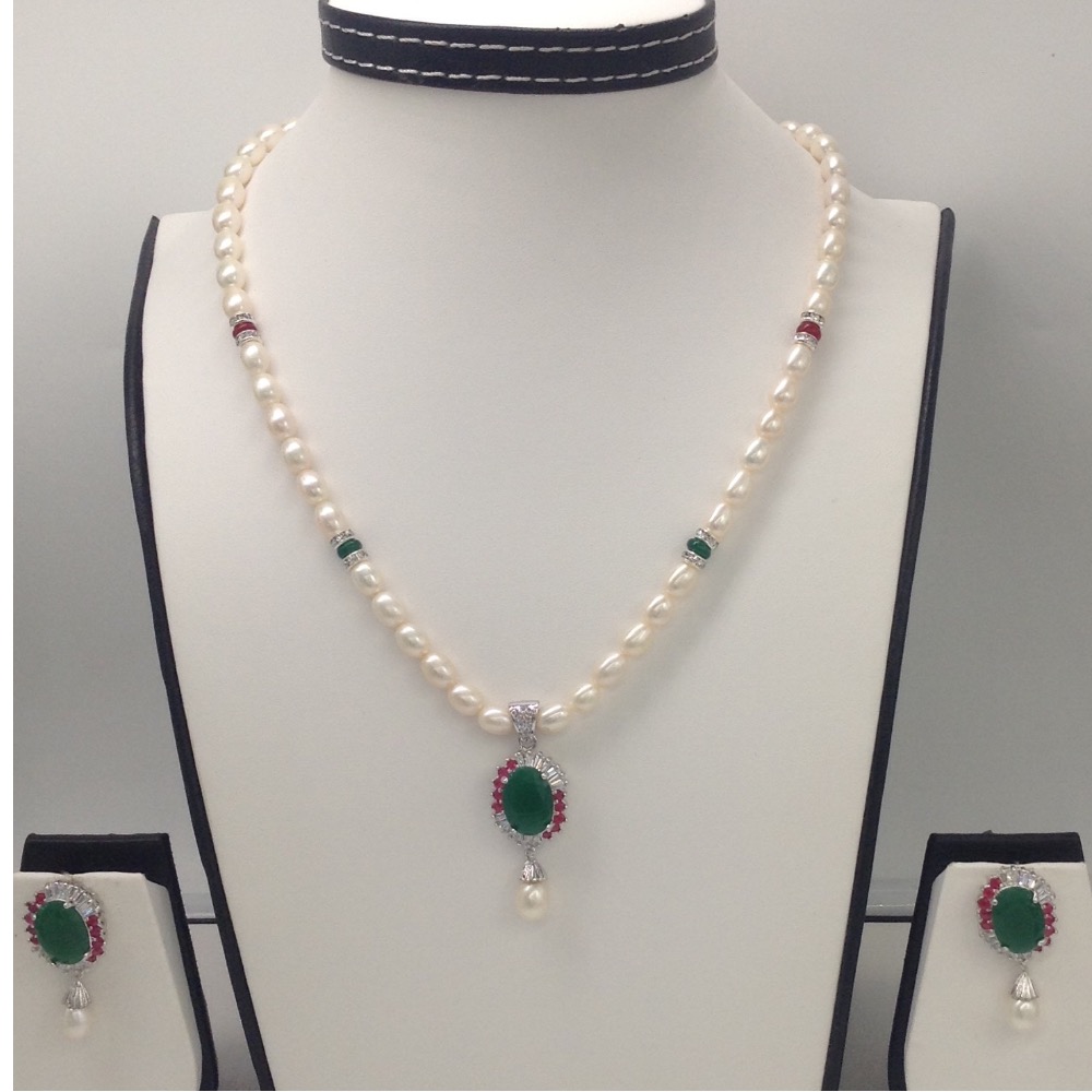 Tri colour cz pendent set with oval pearls mala jps0095