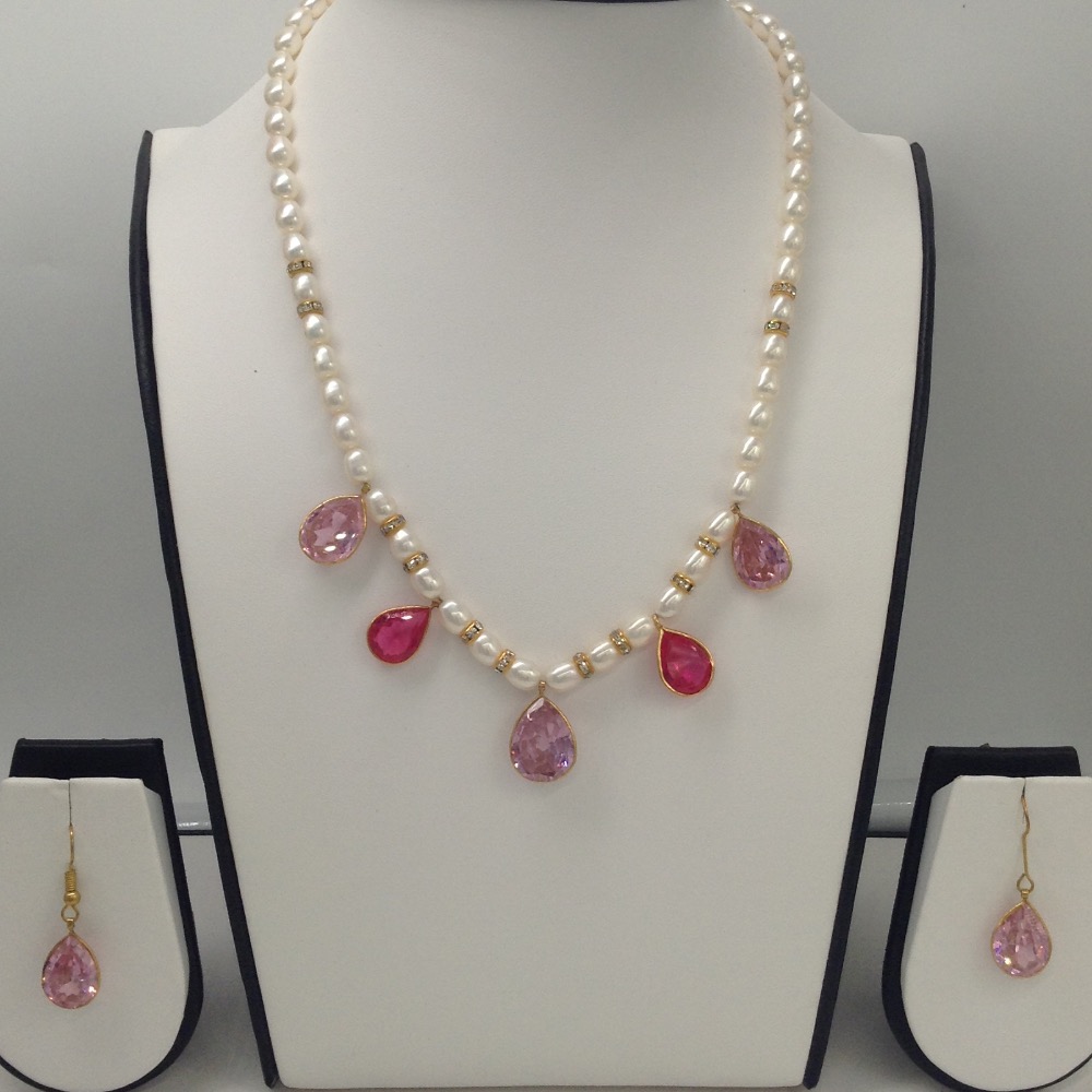 white oval pearls neckalce set with 5 pink cz pendents JPP1008