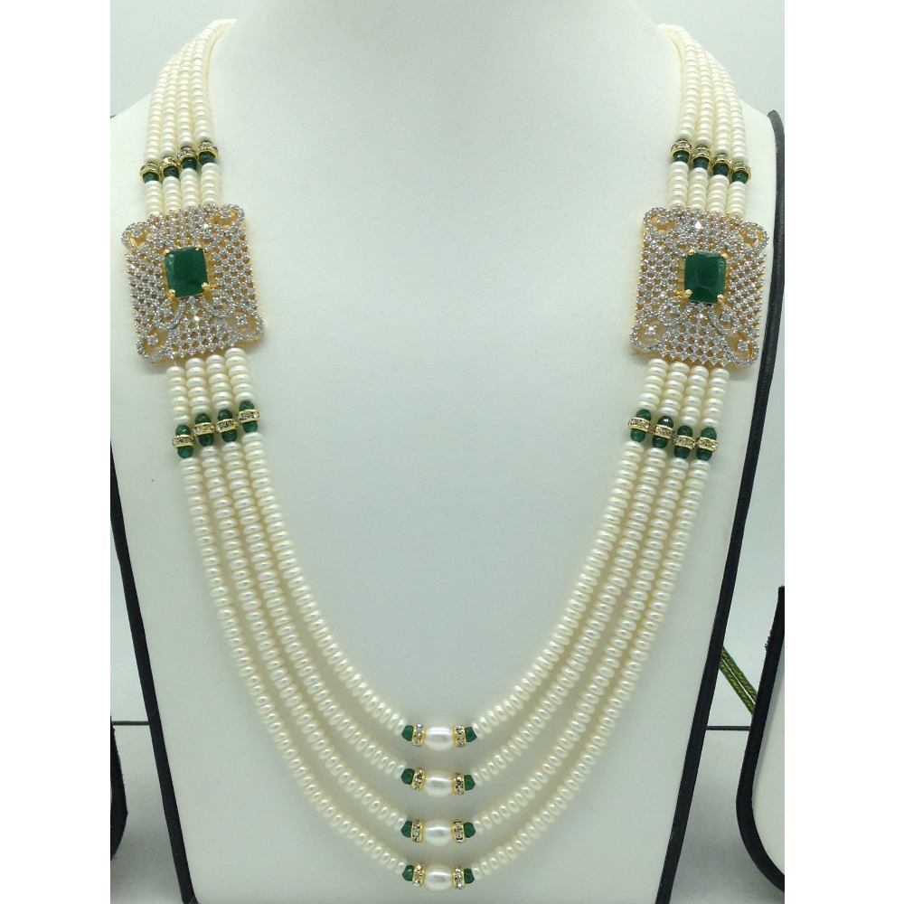 White And Green CZ Brooch Set With 4 Lines Flat Pearls Mala JPS0667