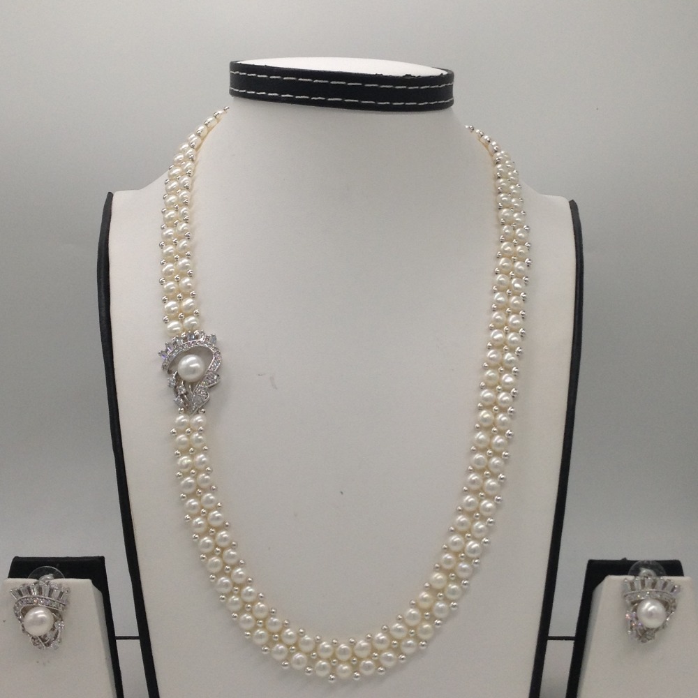White CZ And Pearls Broach Set With 2 Line Button Jali Pearls Mala JPS0230