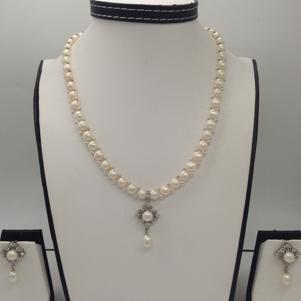 White cz and pearls pendent set with button jali pearls mala jps0181