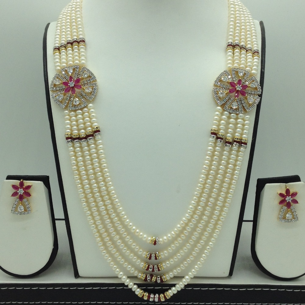 White,Red CZ Broach Set With 5 Line Pearls Mala JPS0772