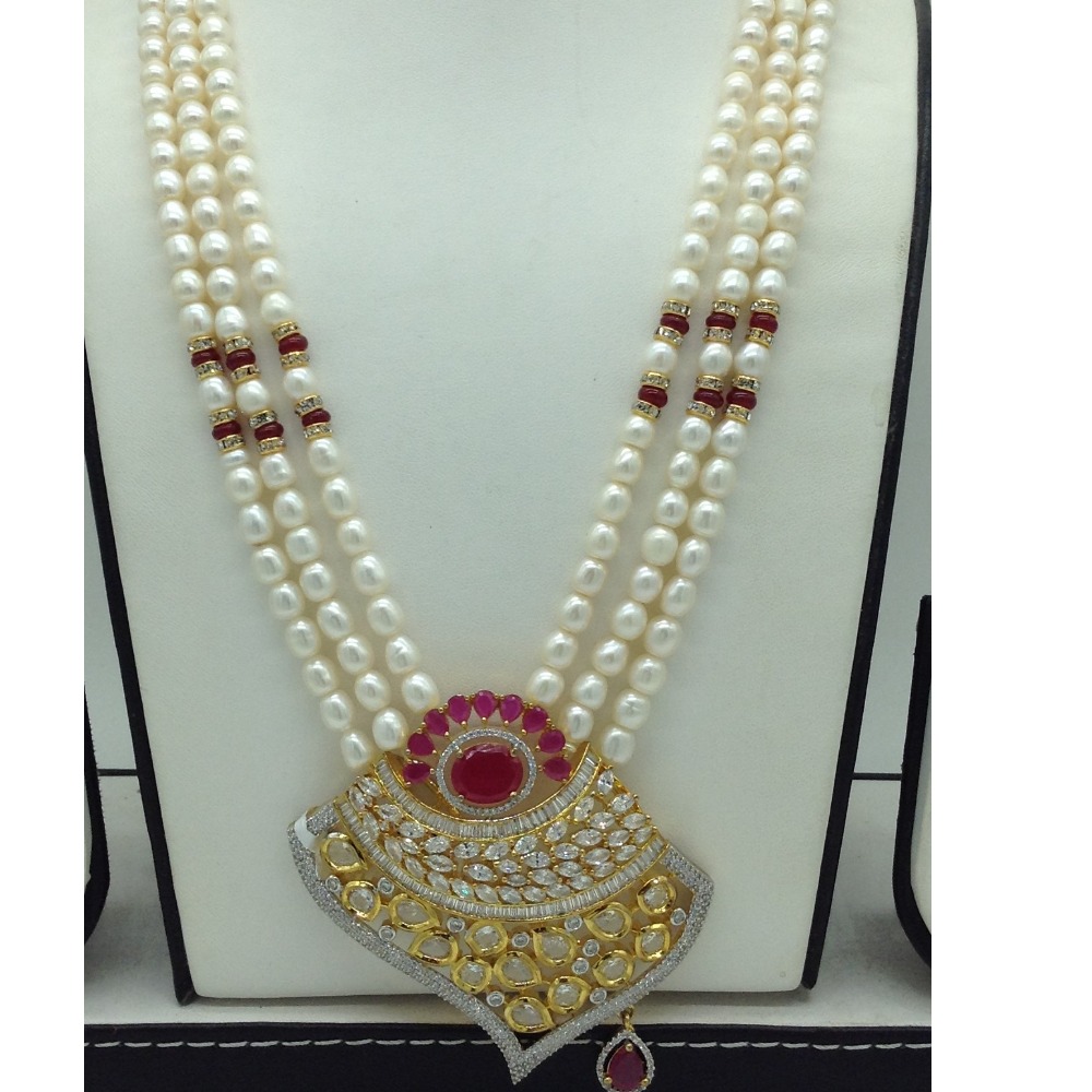 White Red Cz Pendent Set With 3 Line White Pearls Mala JPS0860