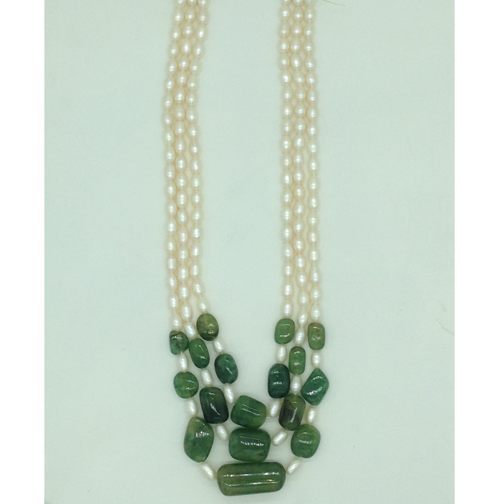 White oval pearls with green bariels 3 layers necklace jpm0421
