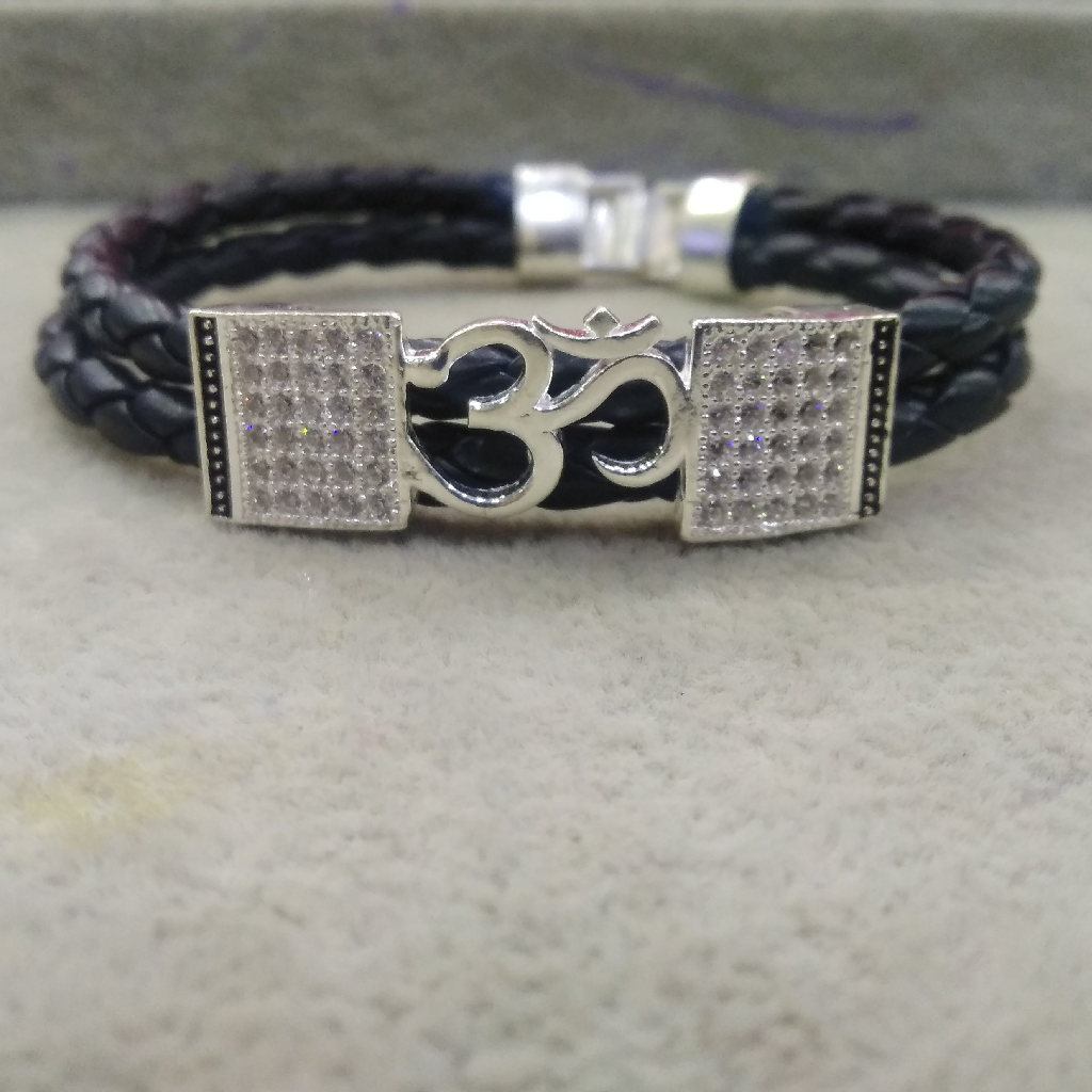 Silver Black Leather OM CZ Bracelet For Men