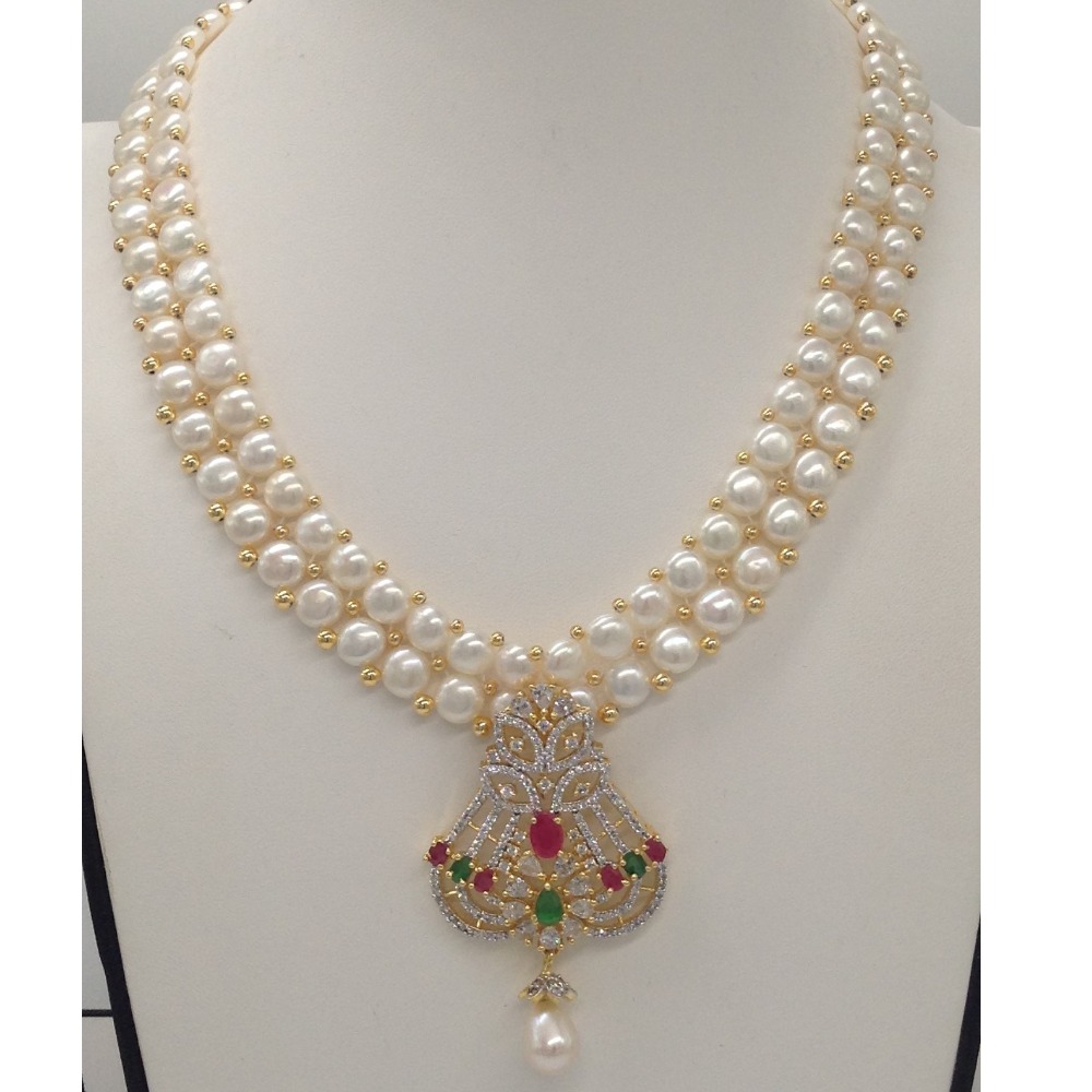 Tri colour cz pendent set with 2 line button pearls mala jps0264
