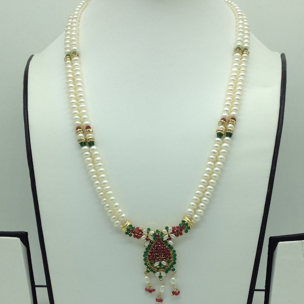 Green,Red CZ Pendent Set With 2 Line Flat Pearls Mala JPS0744