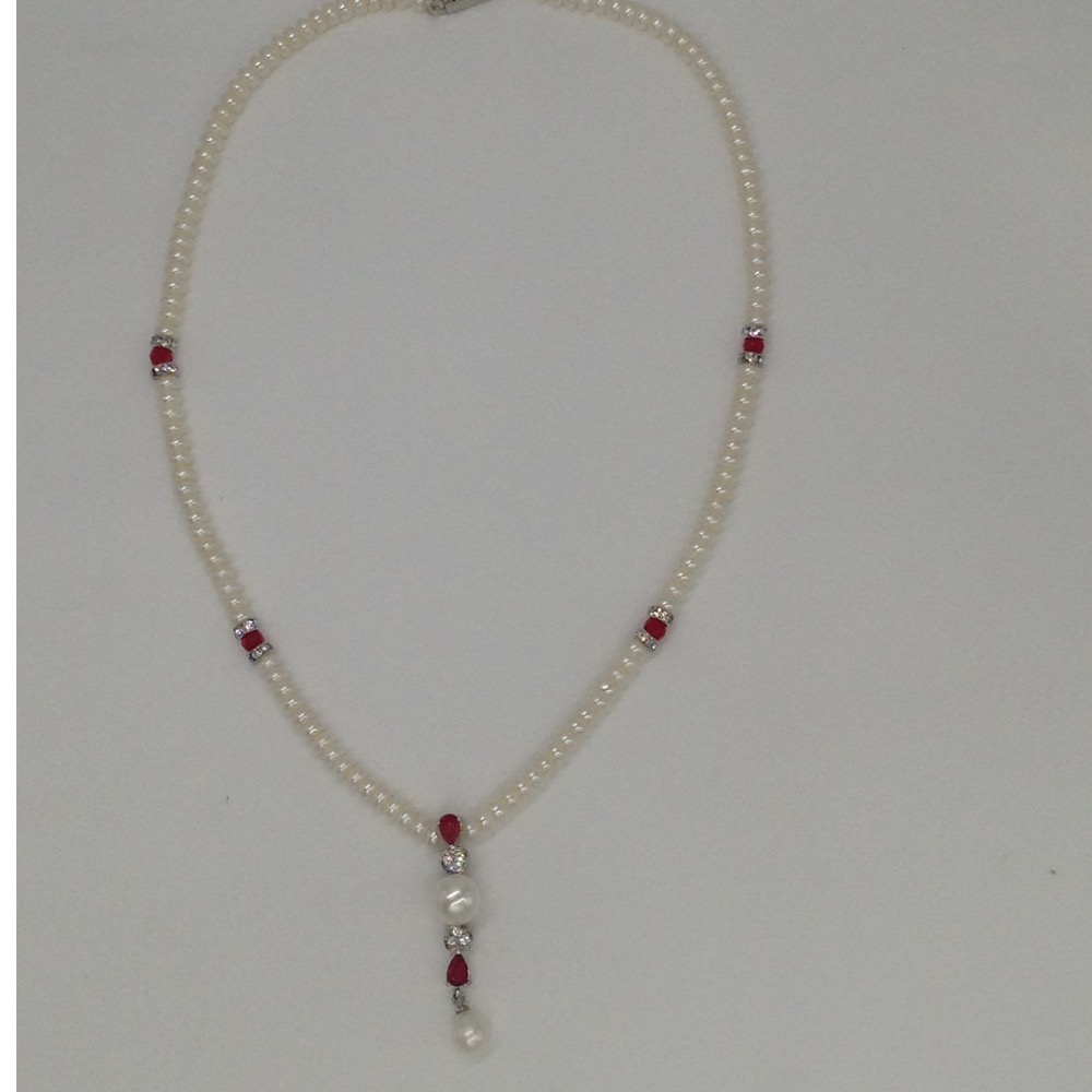Buy quality White, red cz and pearls pendent set with flat pearls mala ...