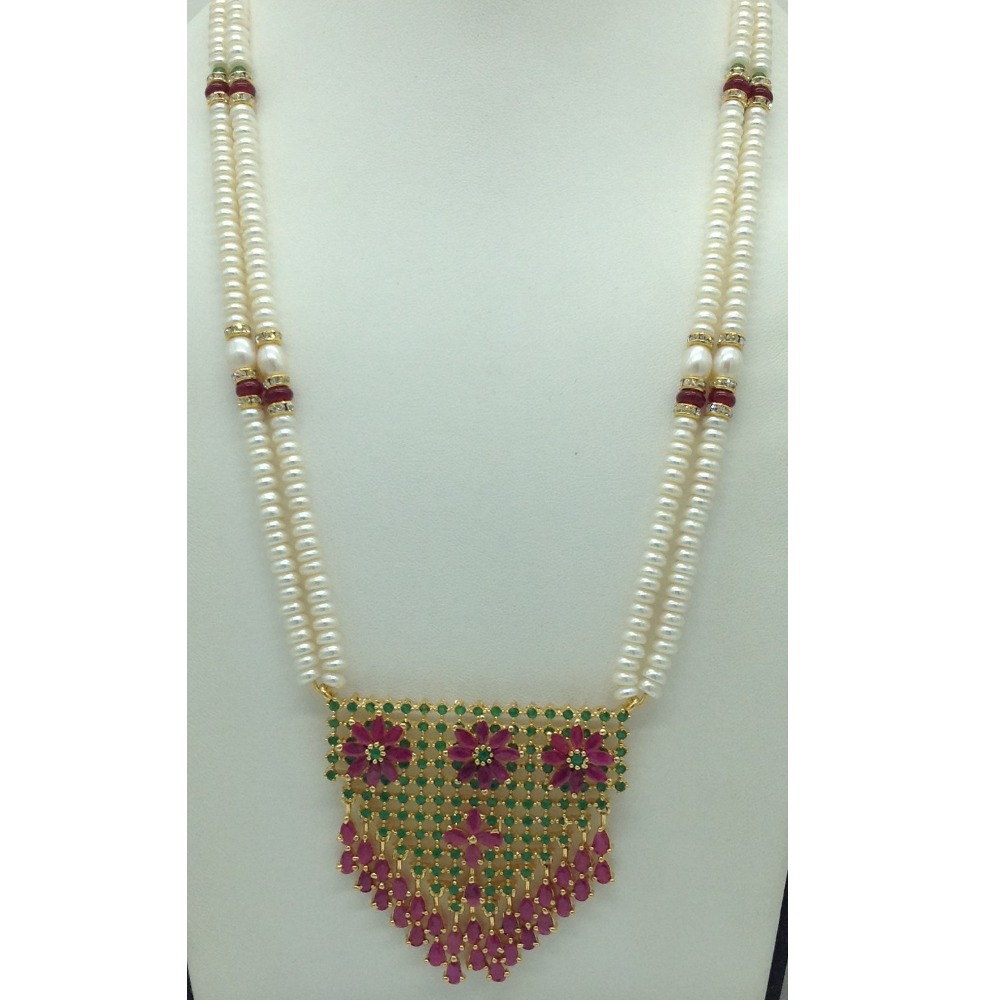 Red,Green Cz Pendent Set With 2 Line White Pearls Mala JPS0843