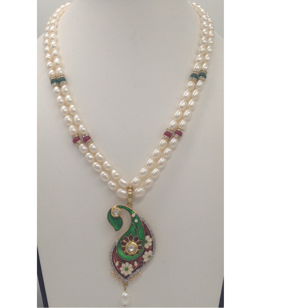 White cz and enamel pendent set with 2 line oval pearls jps0324