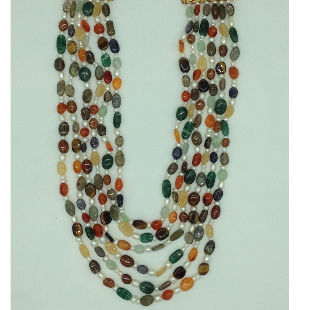 White Pearls with Multicolour Semi Precious Beeds Necklace JPM0488