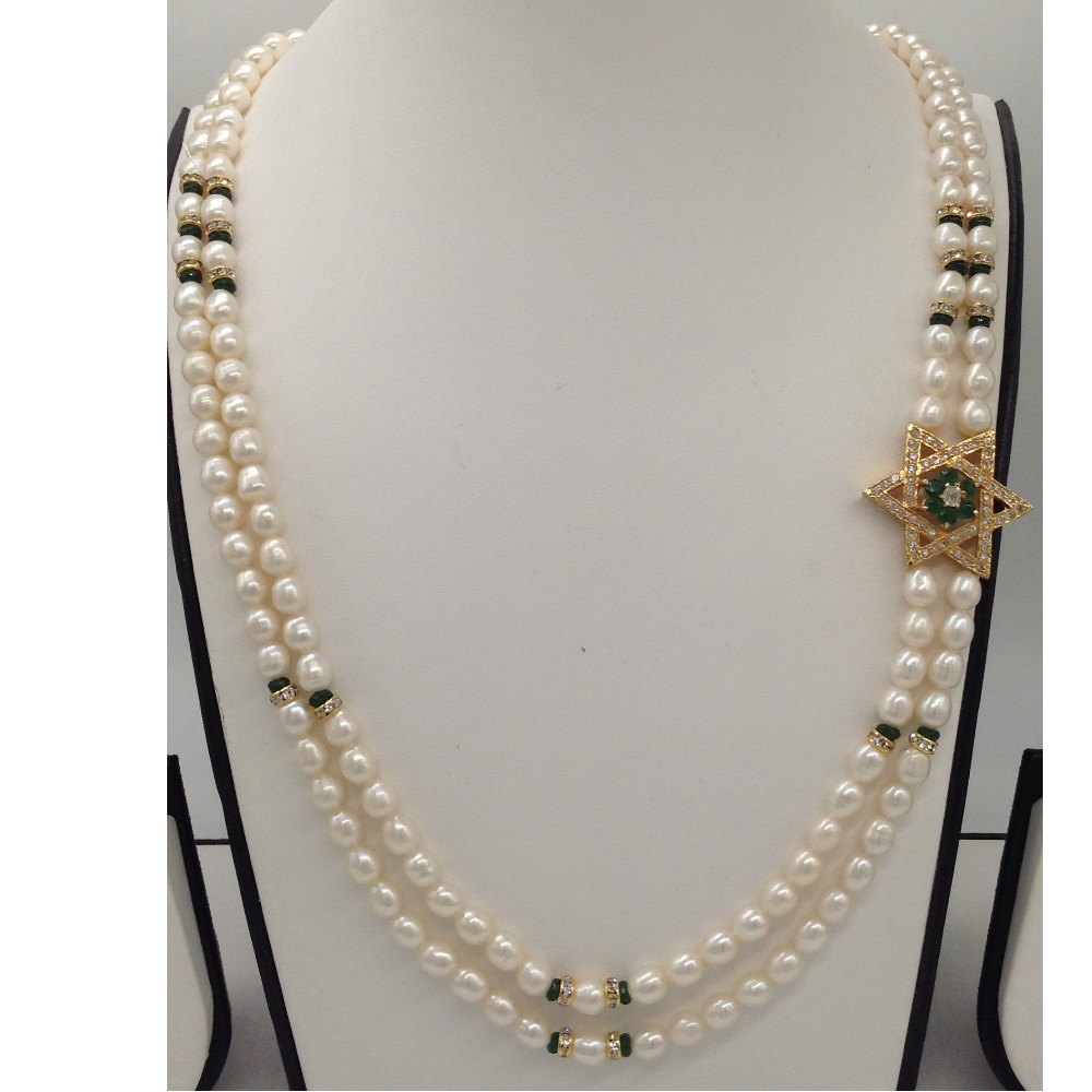 White And Green CZ Star Brooch Set With 2 Lines Oval Pearls Mala JPS0498