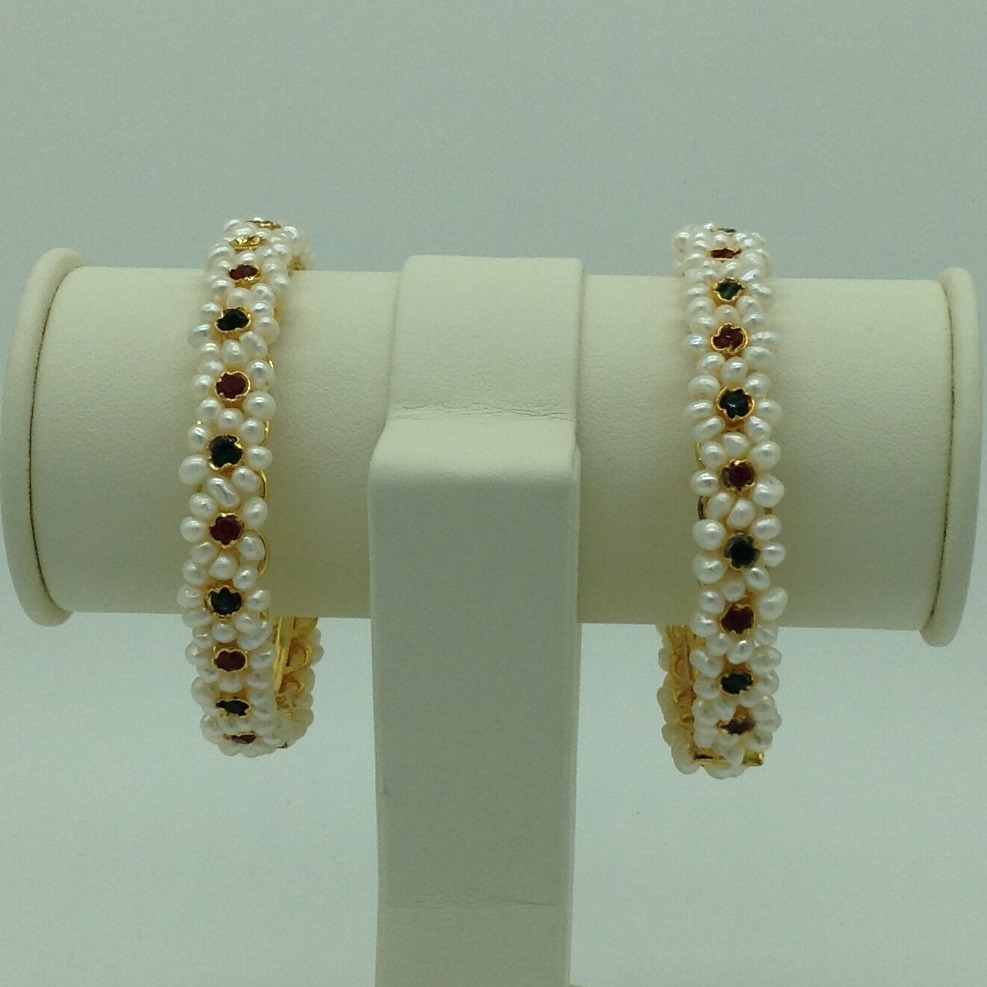 Pearls and red, green cz stones flower bangles jbg0087