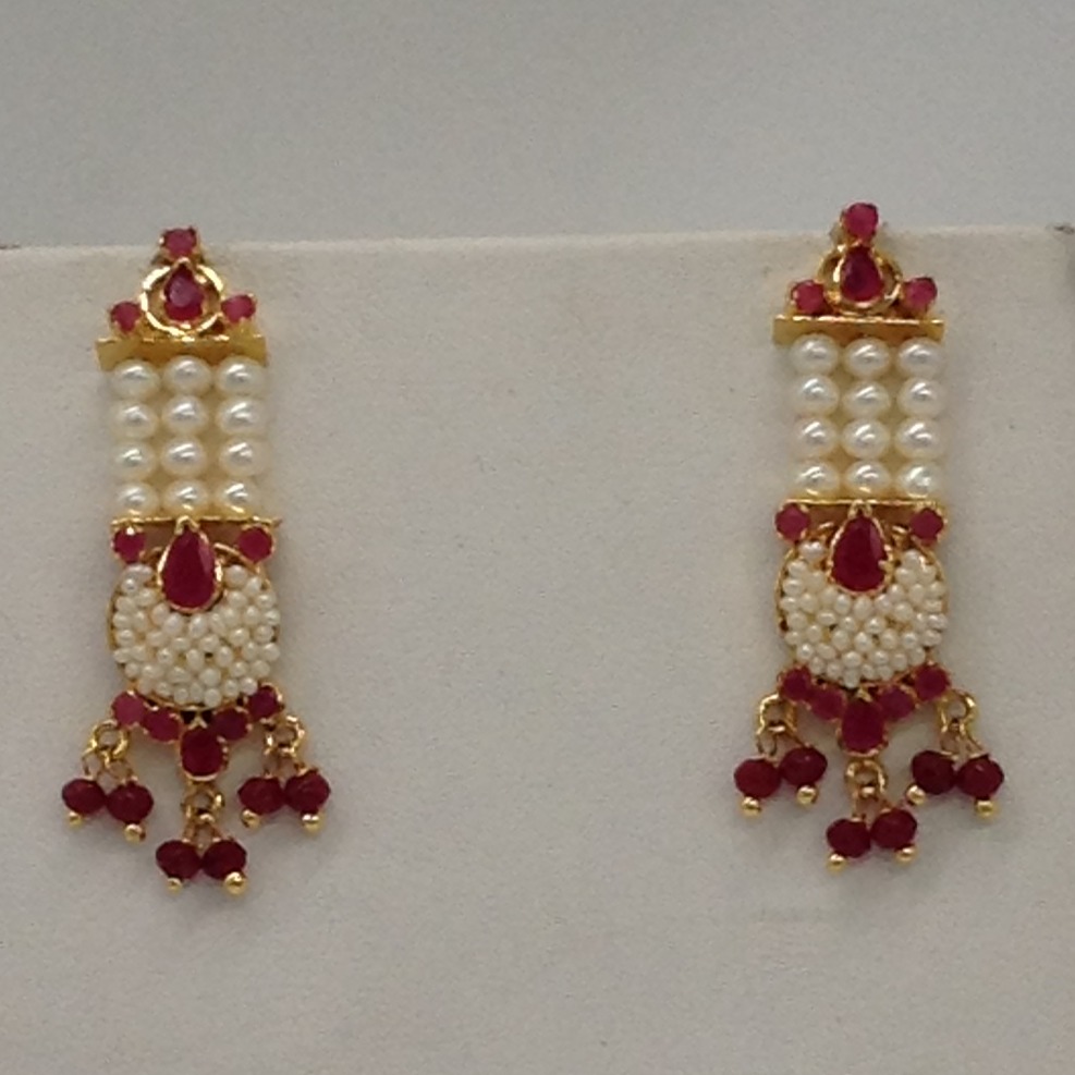 Red cz and pearls ranihaar set with 3 lines flat pearls jps0469