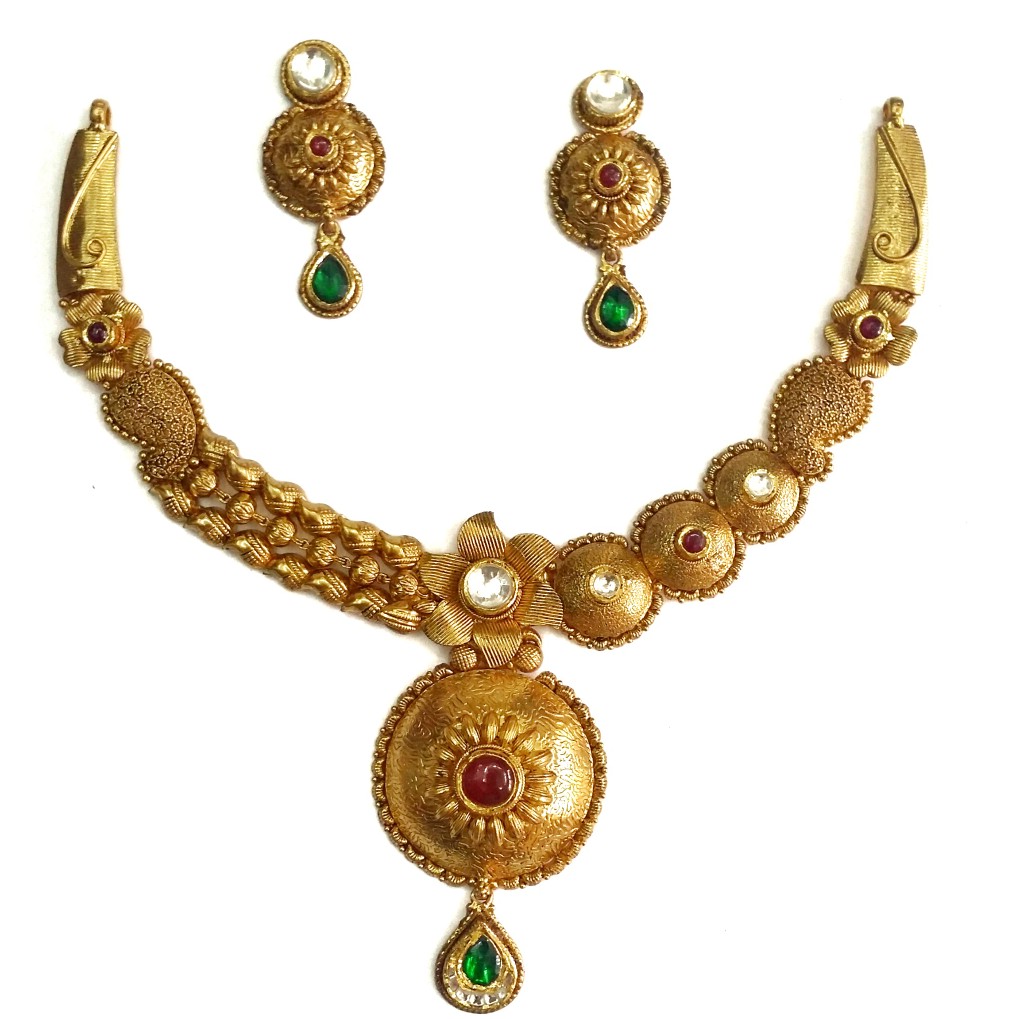 916 Gold Round Shape Designer Antique Necklace Set MGA - GN051