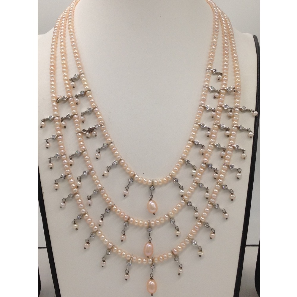 White cz phalli haar set with 3 lines pink flat pearls jpp1039