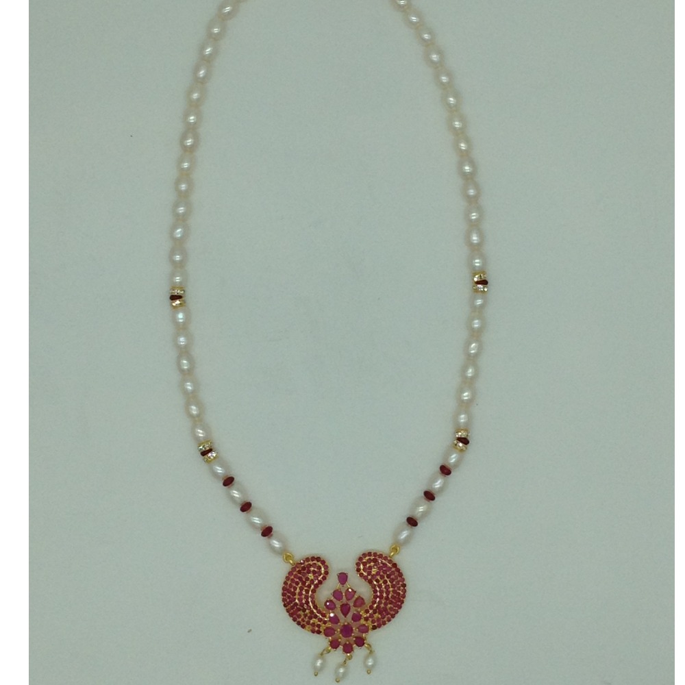 Red Cz Pendent Set With 1 Line White Pearls Mala JPS0820
